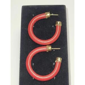 Goldtone Capped Red Leather Wrapped 3/4 Hoop Post Stud Earrings Fashion Costume